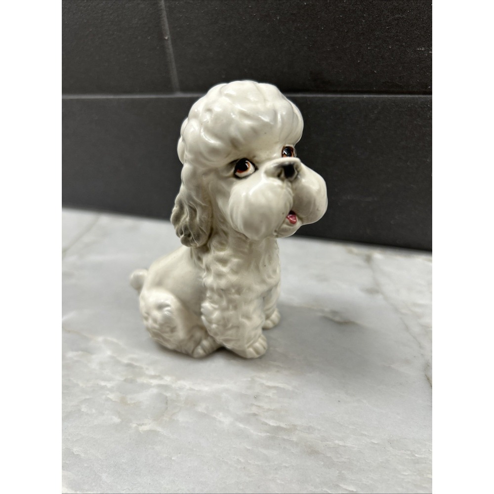 Lefton White Sitting Poodle MCM Foil Sticker Porcelain Dog 4" Japan VTG - Picture 2 of 7